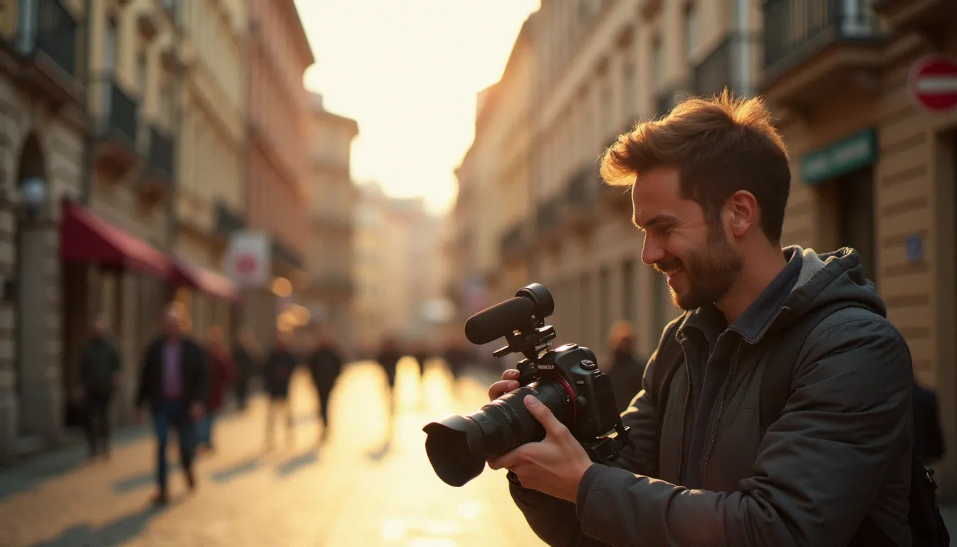 Photographe professionnel en pleine séance portrait dans une rue lyonnaise au coucher du soleil, capturant un moment naturel pour créer une vraie photo de profil