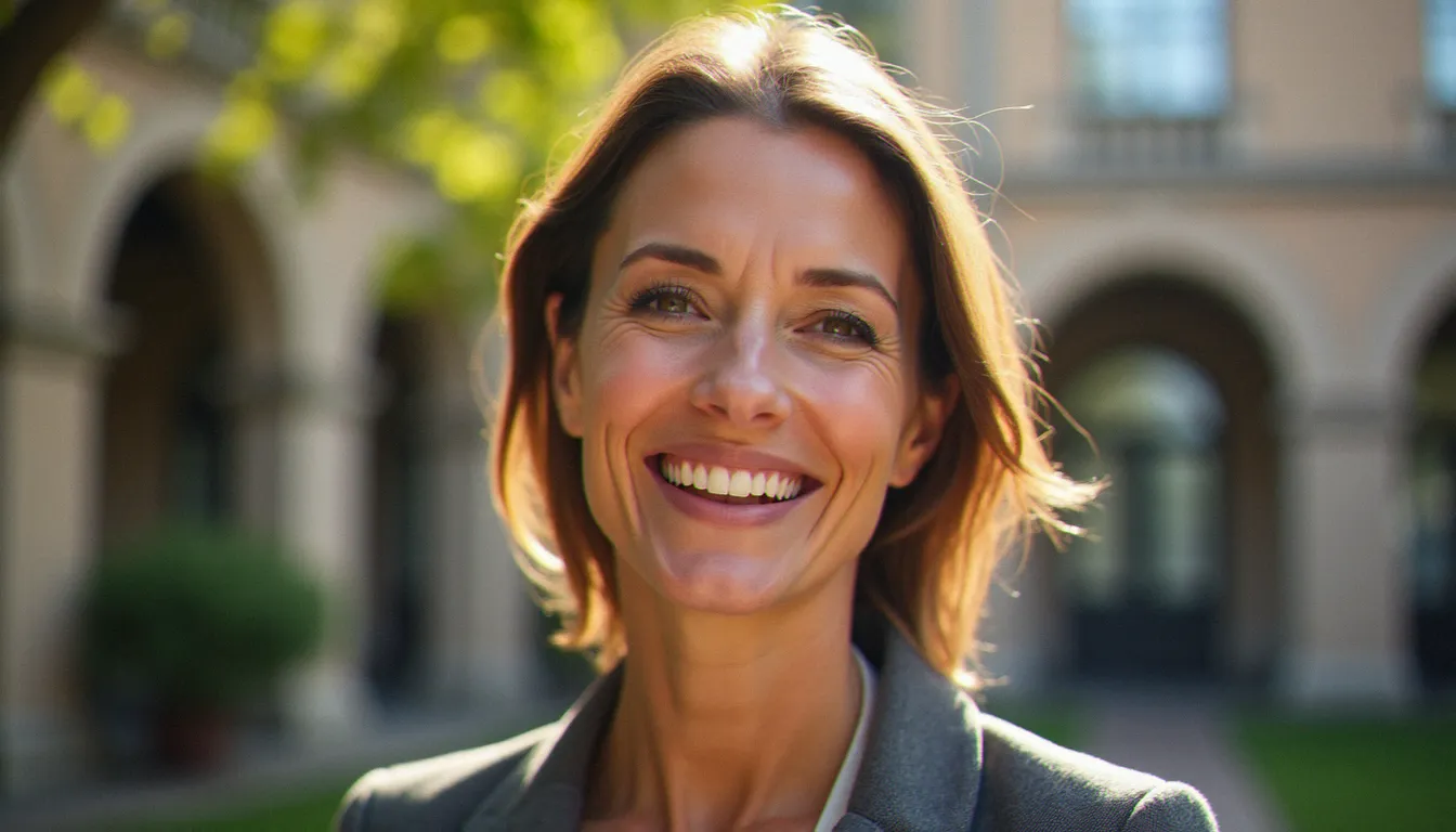 Portrait naturel d'une femme professionnelle riant spontanément en plein air, illustrant une photo sans photo de profil générique remplacée par un vrai portrait