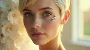 Portrait d'une mariée aux cheveux courts avec accessoire mariage épingles à perles baroques dans un pixie platine, lumière naturelle dorée