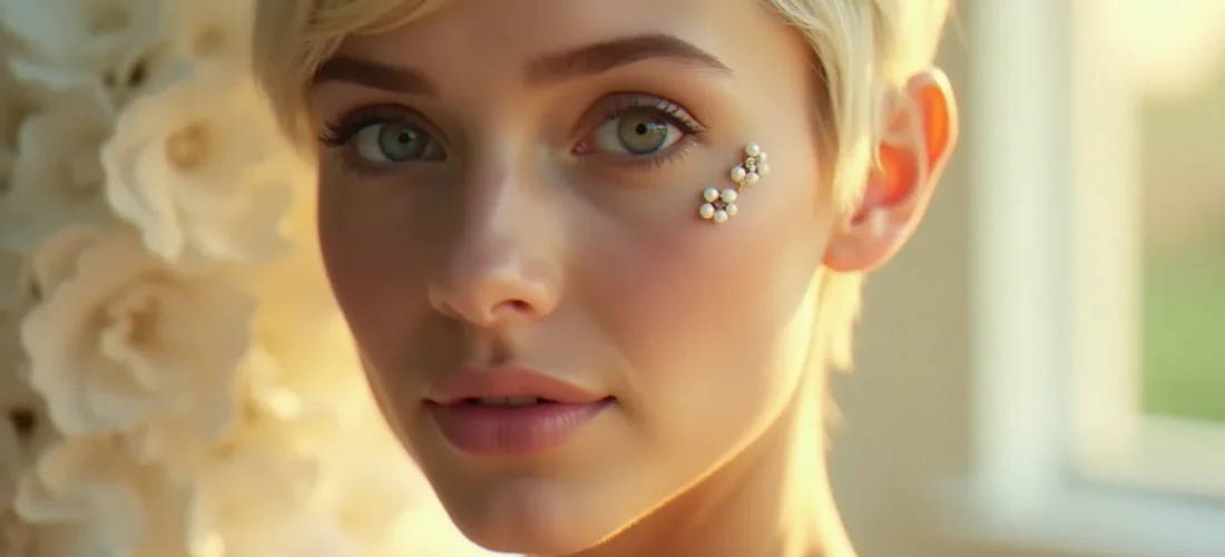 Portrait d'une mariée aux cheveux courts avec accessoire mariage épingles à perles baroques dans un pixie platine, lumière naturelle dorée