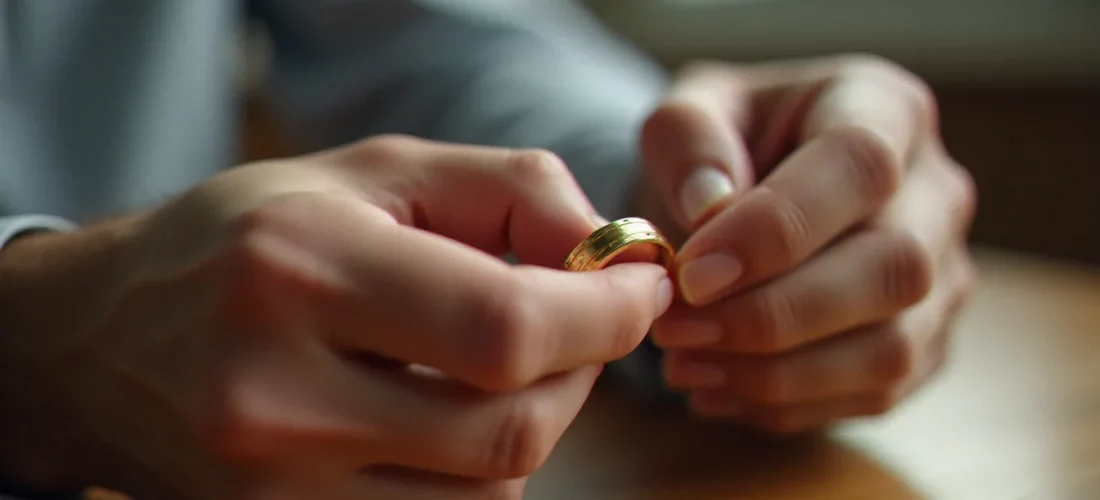 Gros plan sur les mains d'un homme tenant une alliance mariage homme en or, lumière naturelle, fond boisé flou