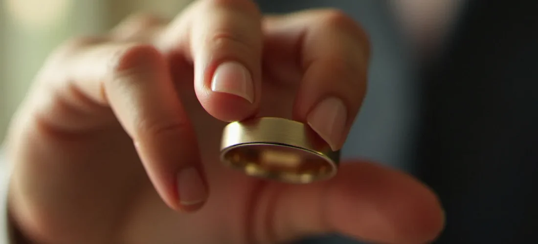 Gros plan d'une bague de mariage pour homme en or brossé tenue entre deux doigts masculins, lumière naturelle douce