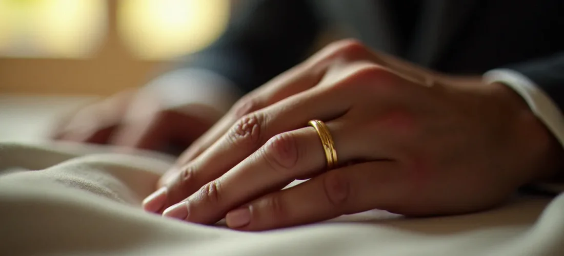 Main d'un marié portant une bague mariage pour homme en or poli, posée sur un tissu de lin beige en lumière naturelle