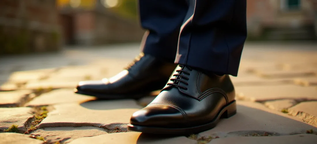 Chaussure de mariage homme en richelieu noir ciré portée par un marié en costume bleu marine sur un sol en pierre ancienne