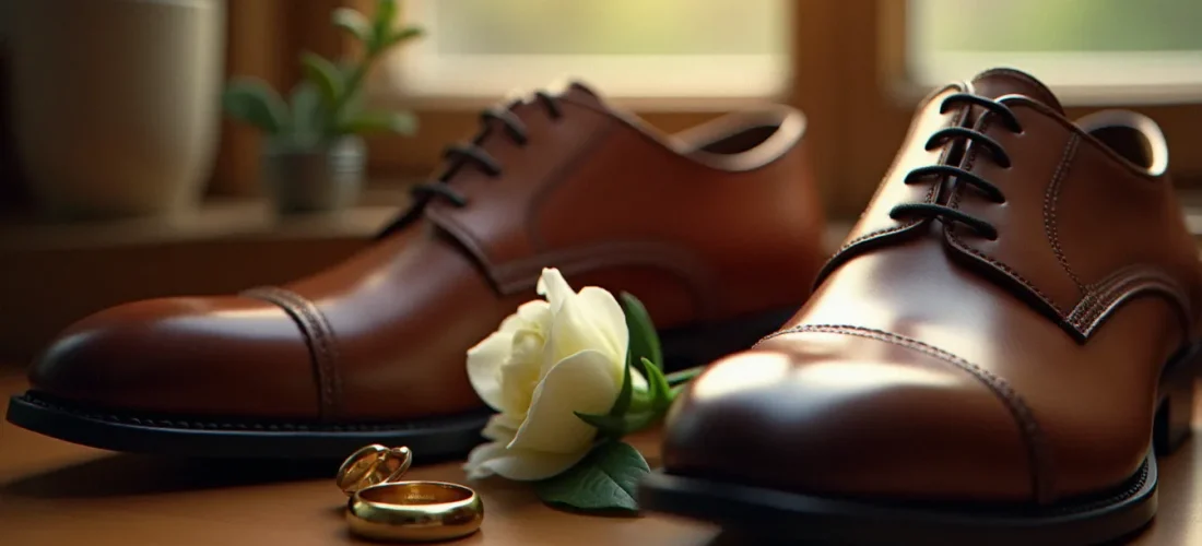 Chaussures mariage homme en cuir cognac poli à la main, posées sur une commode en bois aux côtés d'une alliance dorée et d'une boutonnière blanche