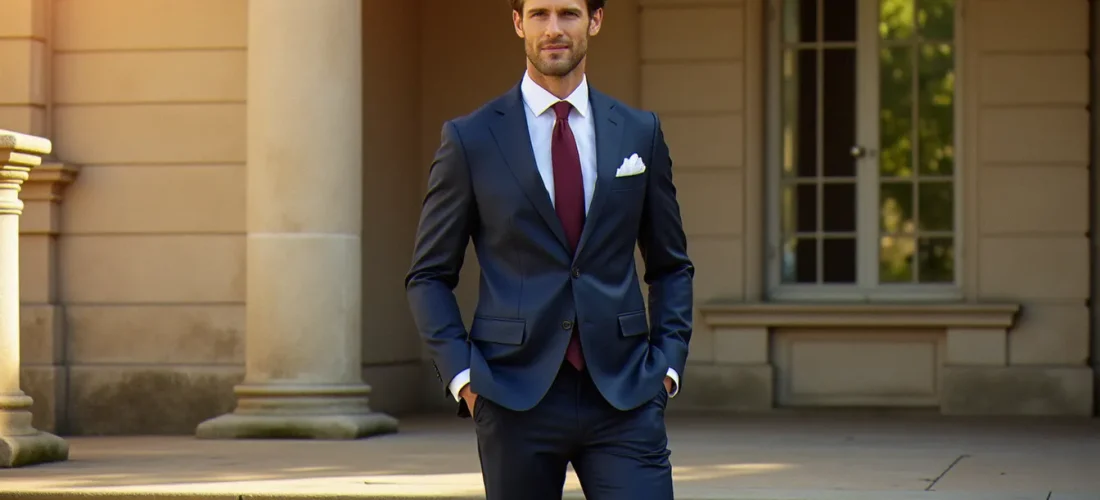 Homme élégant en costume bleu marine sur les marches d'un château français, tenue d'invité mariage homme soignée avec cravate bordeaux et pochette blanche