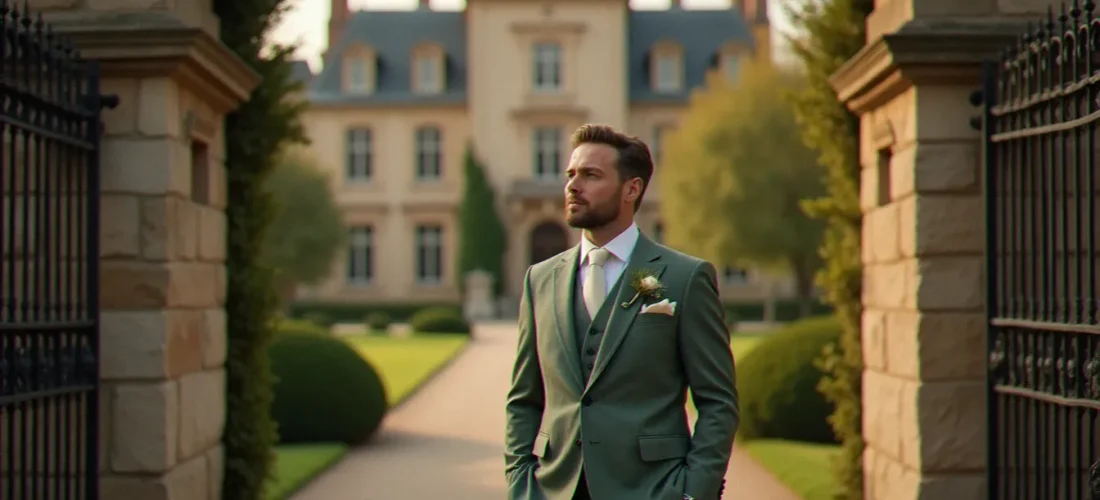 Marié en costume vert sauge élégant devant l'entrée en pierre d'un château français, lumière dorée de fin d'après-midi, illustrant un choix de couleur costume mariage moderne et raffiné