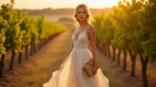 Invitée portant une robe bohème chic en broderie ivoire dans un vignoble au coucher du soleil, accessoirisée d'un clutch en rotin et de sandales en cuir