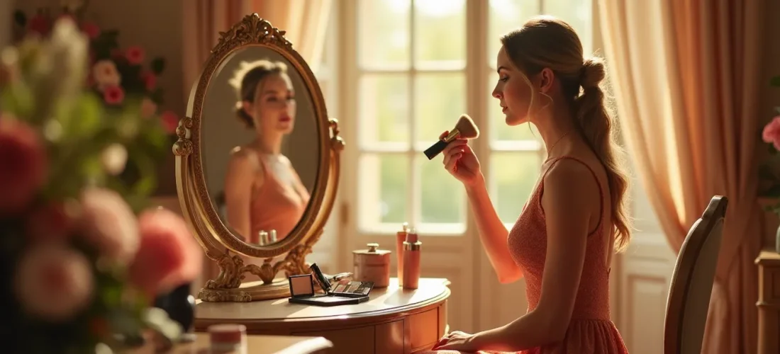 Invitée élégante appliquant son maquillage mariage devant un miroir de château dans une lumière dorée du matin