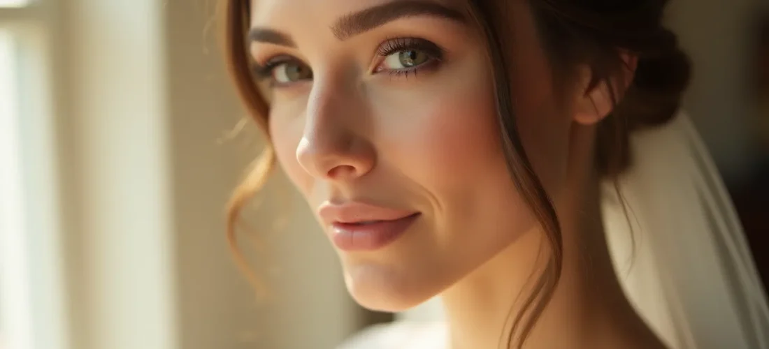 Portrait d'une mariée arborant un maquillage mariage naturel lumineux, teint rosé nacré et lèvres satinées, éclairée par une douce lumière naturelle