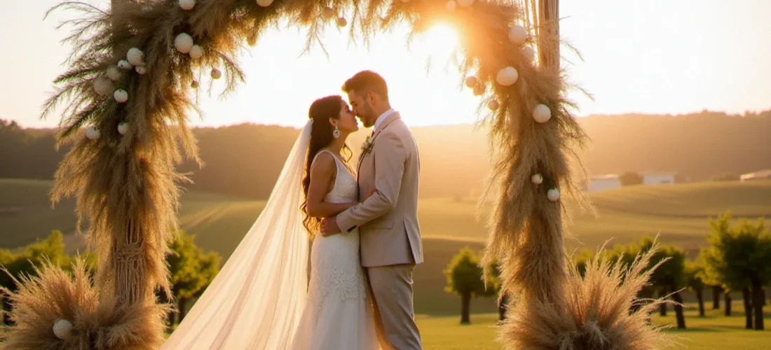 Mariés sous une arche de macramé ornée de pampa et d'eucalyptus lors d'un mariage bohème chic en vignes au coucher du soleil