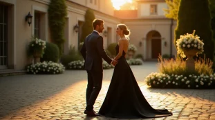 Mariée en robe noire et marié en costume anthracite dans la cour d'un château français au coucher du soleil — le noir pour un mariage dans toute son élégance naturelle