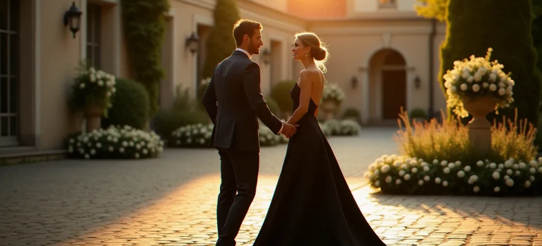 Mariée en robe noire et marié en costume anthracite dans la cour d'un château français au coucher du soleil — le noir pour un mariage dans toute son élégance naturelle