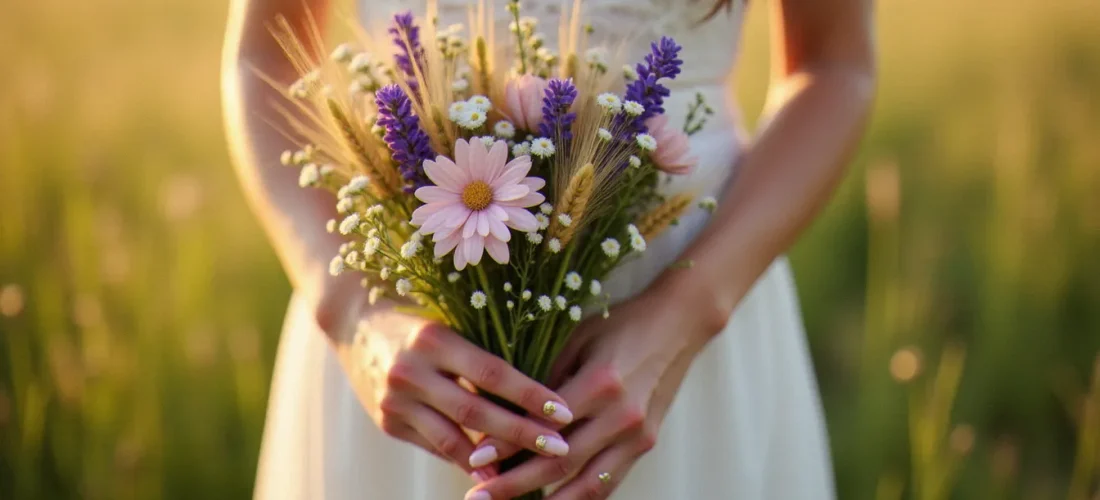 Mains de mariée aux ongles mariage champêtre rose nude avec fleurs en relief délicates, tenant un bouquet de fleurs sauvages et de lavande à la lumière dorée d'un après-midi en plein air