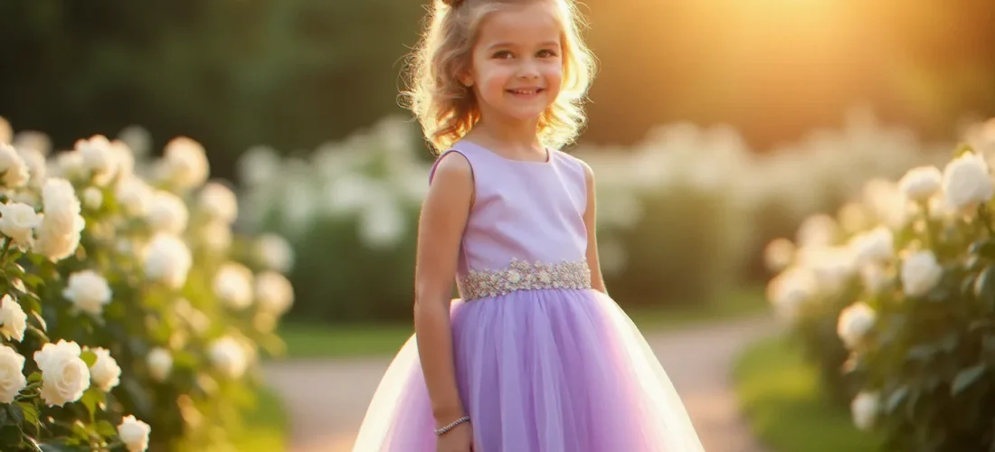 Fillette en robe de cérémonie lavande avec broderies florales dans un jardin de château français lors d'un mariage, illustrant les robes fillettes pour mariage tendance 2026
