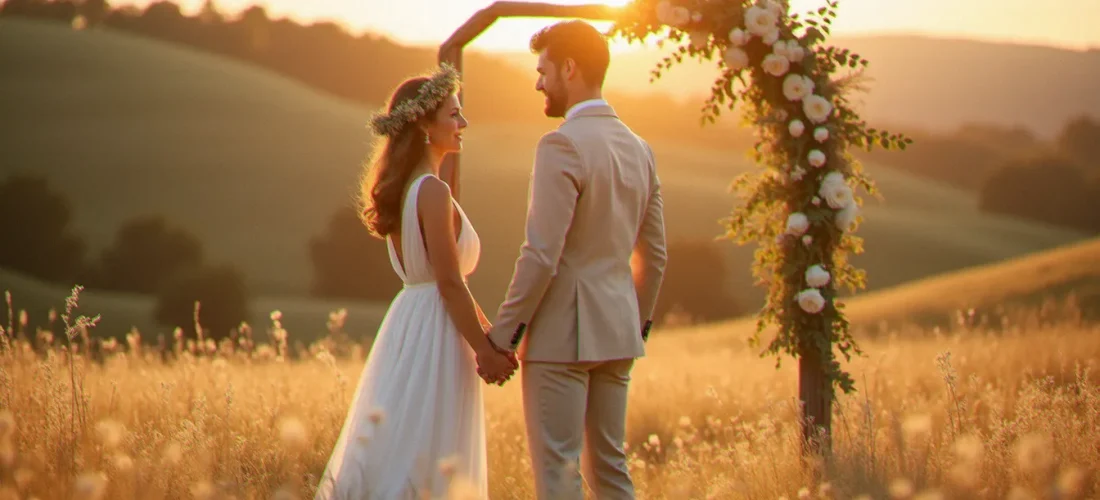Couple de mariés se tenant la main dans une prairie en fleurs au coucher du soleil, illustrant l'atmosphère authentique d'un thème mariage champêtre en région lyonnaise
