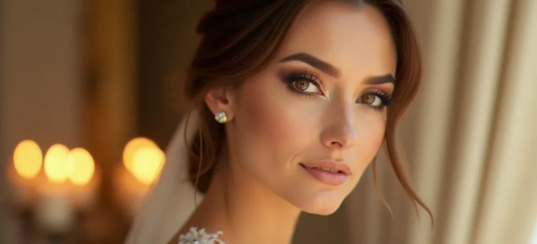Portrait d'une mariée aux yeux marron sublimés par un maquillage mariage bronze et champagne, lumière naturelle dorée de fin d'après-midi